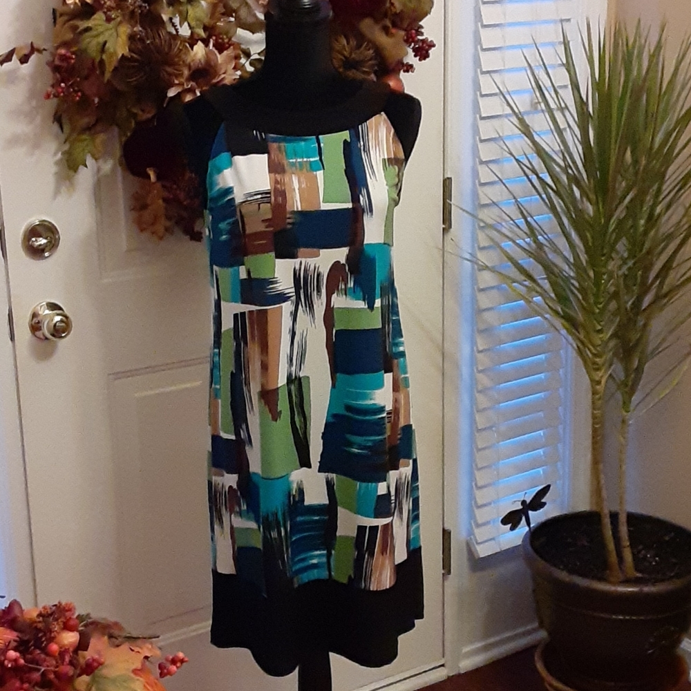 Cato black blue green geometric print sleeveless dress stretch size Medium New…